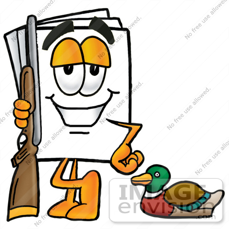 #26143 Clip Art Graphic of a White Copy and Print Paper Cartoon Character Duck Hunting, Standing With a Rifle and Duck by toons4biz