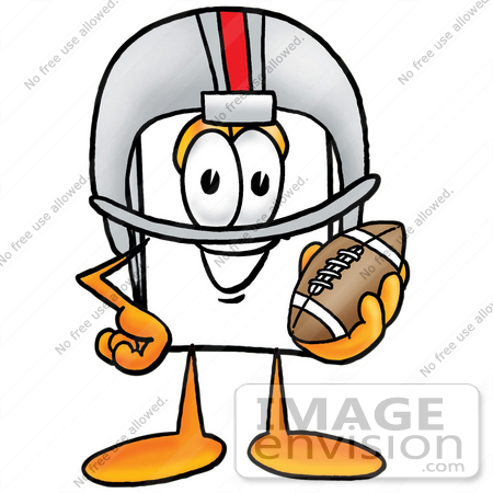 #26144 Clip Art Graphic of a White Copy and Print Paper Cartoon Character in a Helmet, Holding a Football by toons4biz