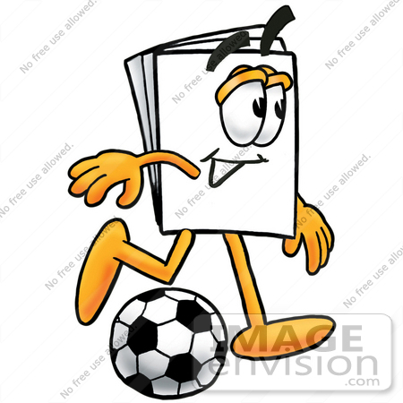 #26145 Clip Art Graphic of a White Copy and Print Paper Cartoon Character Kicking a Soccer Ball by toons4biz