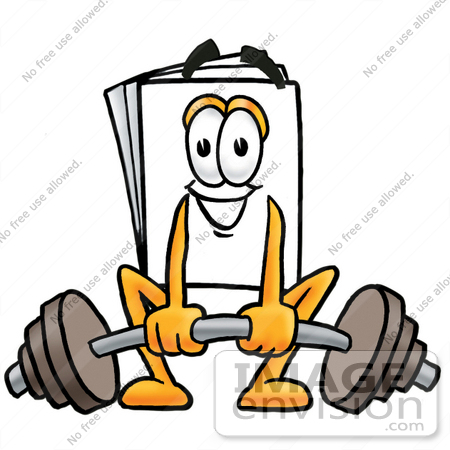 #26146 Clip Art Graphic of a White Copy and Print Paper Cartoon Character Lifting a Heavy Barbell by toons4biz