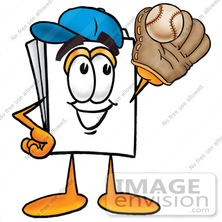 #26147 Clip Art Graphic of a White Copy and Print Paper Cartoon Character Catching a Baseball With a Glove by toons4biz