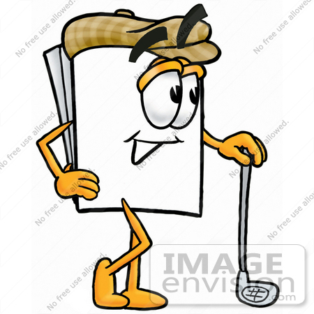 #26148 Clip Art Graphic of a White Copy and Print Paper Cartoon Character Leaning on a Golf Club While Golfing by toons4biz
