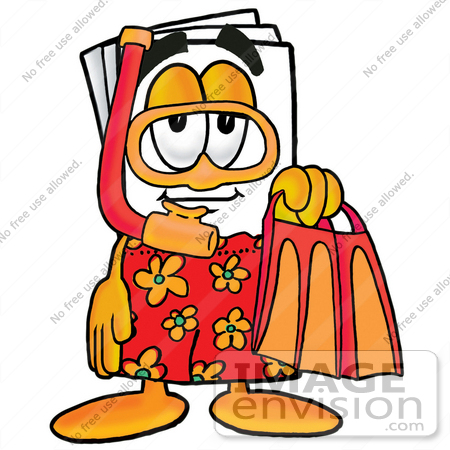 #26149 Clip Art Graphic of a White Copy and Print Paper Cartoon Character in Orange and Red Snorkel Gear by toons4biz