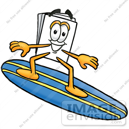 #26150 Clip Art Graphic of a White Copy and Print Paper Cartoon Character Surfing on a Blue and Yellow Surfboard by toons4biz