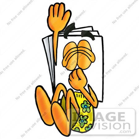 #26152 Clip Art Graphic of a White Copy and Print Paper Cartoon Character Plugging His Nose While Jumping Into Water by toons4biz