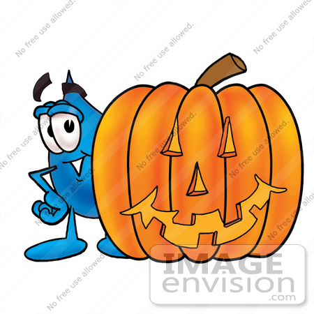 #26155 Clip Art Graphic of a Blue Waterdrop or Tear Character With a Carved Halloween Pumpkin by toons4biz