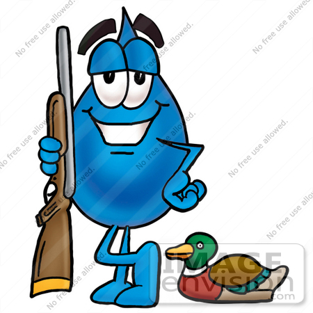 #26156 Clip Art Graphic of a Blue Waterdrop or Tear Character Duck Hunting, Standing With a Rifle and Duck by toons4biz