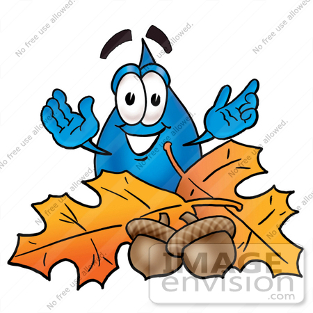 #26157 Clip Art Graphic of a Blue Waterdrop or Tear Character With Autumn Leaves and Acorns in the Fall by toons4biz