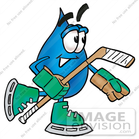 #26158 Clip Art Graphic of a Blue Waterdrop or Tear Character Playing Ice Hockey by toons4biz