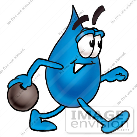 #26159 Clip Art Graphic of a Blue Waterdrop or Tear Character Holding a Bowling Ball by toons4biz
