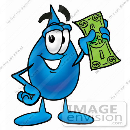 #26160 Clip Art Graphic of a Blue Waterdrop or Tear Character Holding a Dollar Bill by toons4biz