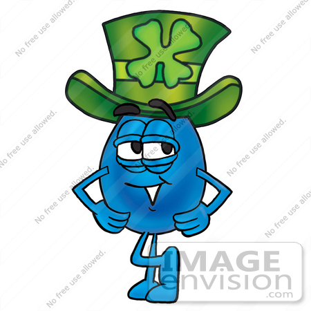#26161 Clip Art Graphic of a Blue Waterdrop or Tear Character Wearing a Saint Patricks Day Hat With a Clover on it by toons4biz