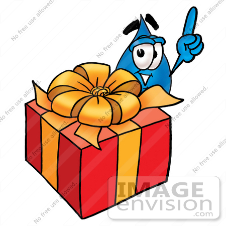#26164 Clip Art Graphic of a Blue Waterdrop or Tear Character Standing by a Christmas Present by toons4biz