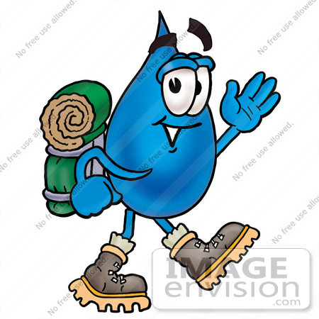 #26165 Clip Art Graphic of a Blue Waterdrop or Tear Character Hiking and Carrying a Backpack by toons4biz
