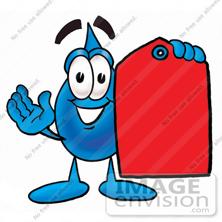 #26166 Clip Art Graphic of a Blue Waterdrop or Tear Character Holding a Red Sales Price Tag by toons4biz
