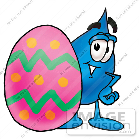 #26167 Clip Art Graphic of a Blue Waterdrop or Tear Character Standing Beside an Easter Egg by toons4biz