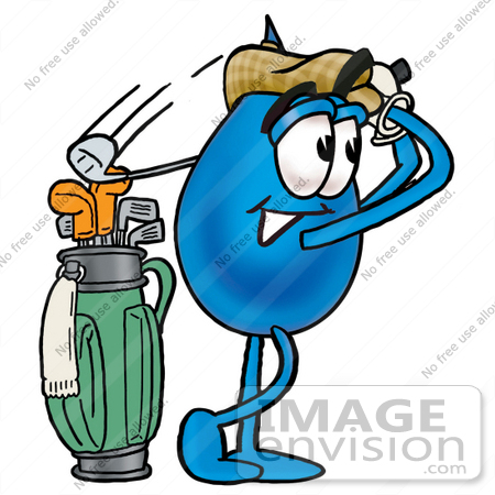 #26169 Clip Art Graphic of a Blue Waterdrop or Tear Character Swinging His Golf Club While Golfing by toons4biz