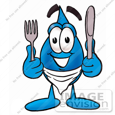 #26170 Clip Art Graphic of a Blue Waterdrop or Tear Character Holding a Knife and Fork by toons4biz