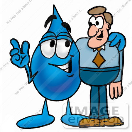 #26171 Clip Art Graphic of a Blue Waterdrop or Tear Character Talking to a Business Man by toons4biz