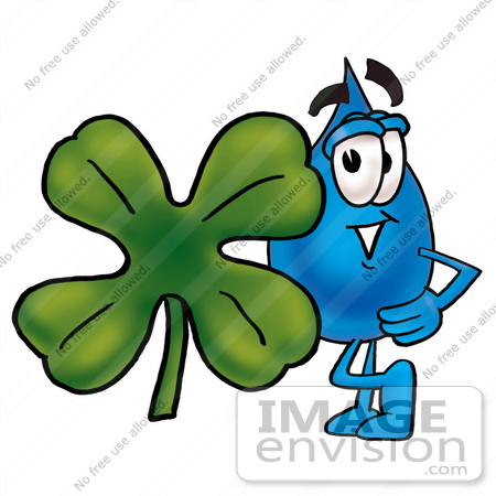 #26172 Clip Art Graphic of a Blue Waterdrop or Tear Character With a Green Four Leaf Clover on St Paddy’s or St Patricks Day by toons4biz