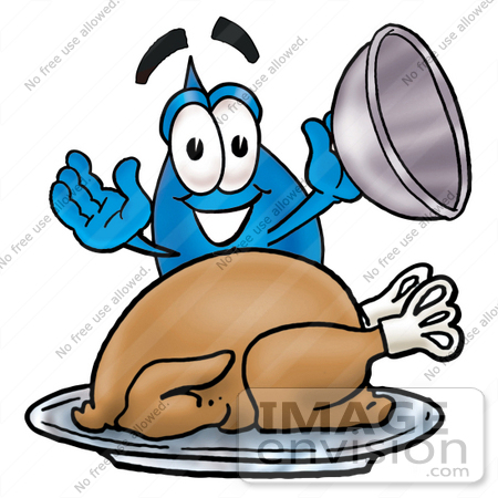 #26175 Clip Art Graphic of a Blue Waterdrop or Tear Character Serving a Thanksgiving Turkey on a Platter by toons4biz