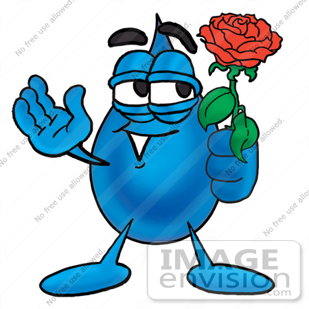 #26176 Clip Art Graphic of a Blue Waterdrop or Tear Character Holding a Red Rose on Valentines Day by toons4biz