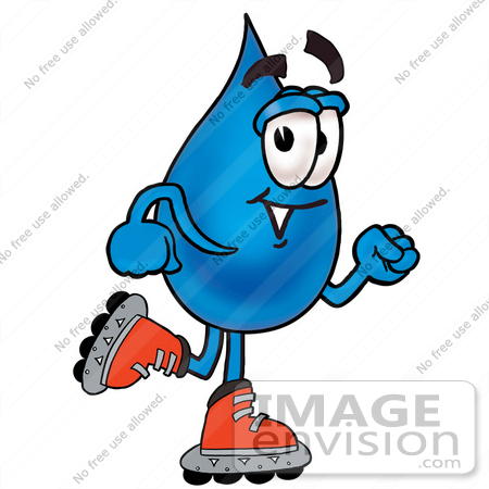 #26177 Clip Art Graphic of a Blue Waterdrop or Tear Character Roller Blading on Inline Skates by toons4biz