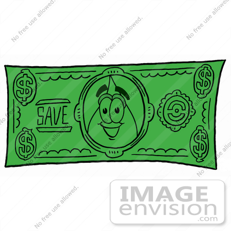 #26179 Clip Art Graphic of a Blue Waterdrop or Tear Character on a Dollar Bill by toons4biz