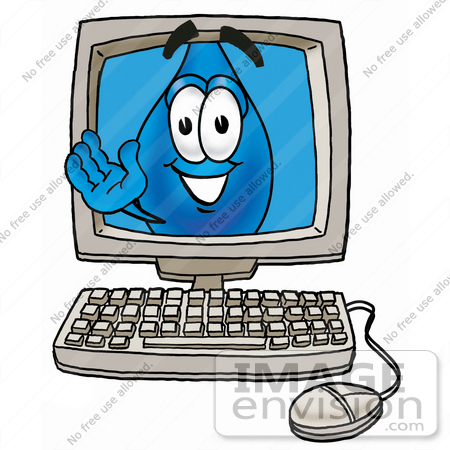 #26181 Clip Art Graphic of a Blue Waterdrop or Tear Character Waving From Inside a Computer Screen by toons4biz