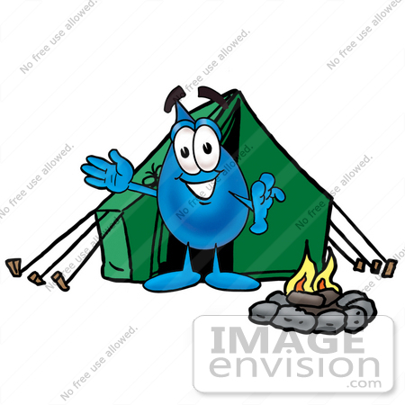 #26185 Clip Art Graphic of a Blue Waterdrop or Tear Character Camping With a Tent and Fire by toons4biz
