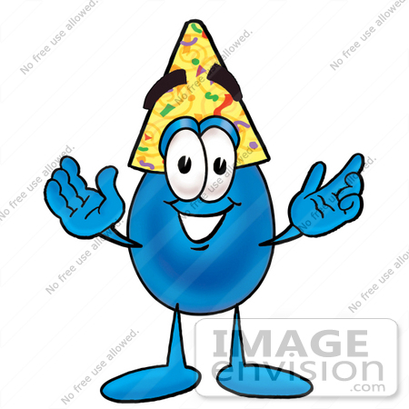 #26186 Clip Art Graphic of a Blue Waterdrop or Tear Character Wearing a Birthday Party Hat by toons4biz
