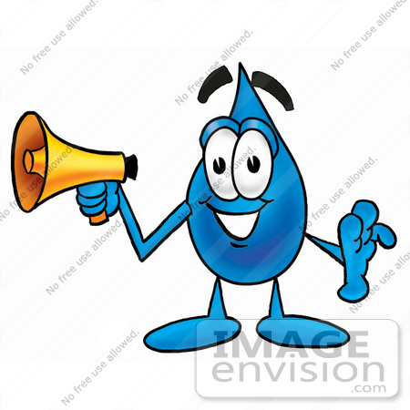 #26189 Clip Art Graphic of a Blue Waterdrop or Tear Character Holding a Megaphone by toons4biz