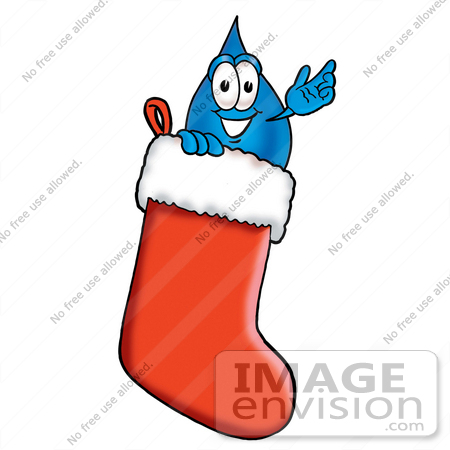 #26190 Clip Art Graphic of a Blue Waterdrop or Tear Character Inside a Red Christmas Stocking by toons4biz