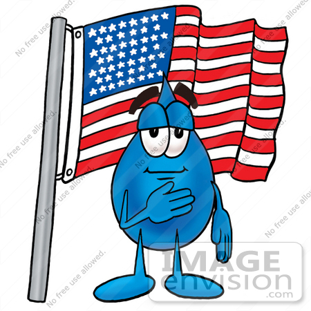 #26191 Clip Art Graphic of a Blue Waterdrop or Tear Character Pledging Allegiance to an American Flag by toons4biz