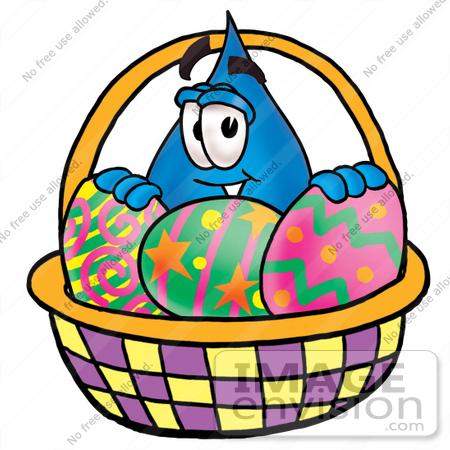 #26192 Clip Art Graphic of a Blue Waterdrop or Tear Character in an Easter Basket Full of Decorated Easter Eggs by toons4biz
