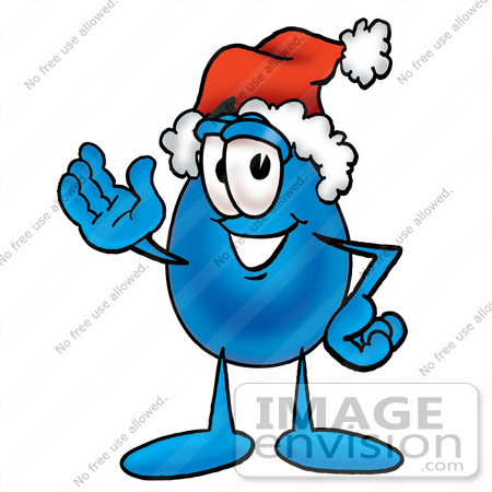 #26193 Clip Art Graphic of a Blue Waterdrop or Tear Character Wearing a Santa Hat and Waving by toons4biz