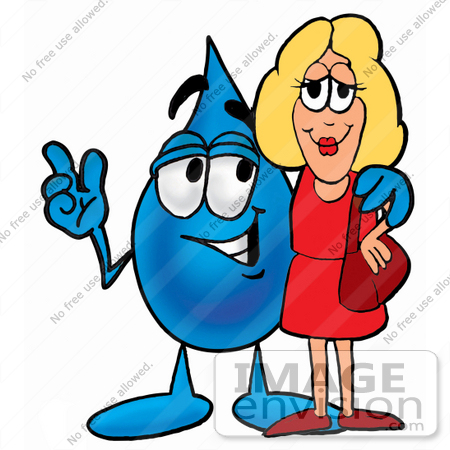 #26197 Clip Art Graphic of a Blue Waterdrop or Tear Character Talking to a Pretty Blond Woman by toons4biz