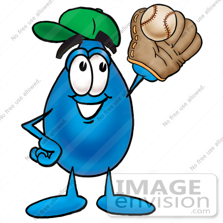 #26200 Clip Art Graphic of a Blue Waterdrop or Tear Character Catching a Baseball With a Glove by toons4biz