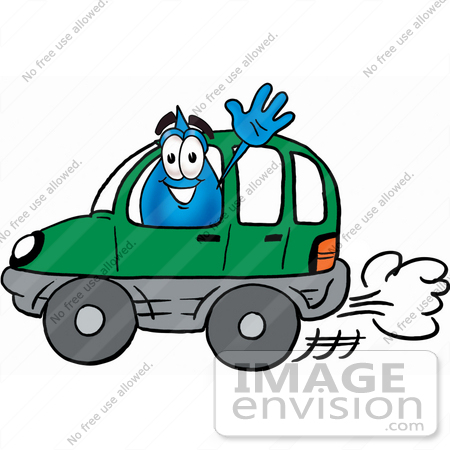 #26202 Clip Art Graphic of a Blue Waterdrop or Tear Character Driving a Green Car and Waving by toons4biz