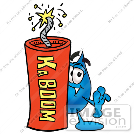 #26203 Clip Art Graphic of a Blue Waterdrop or Tear Character Standing With a Lit Stick of Dynamite by toons4biz