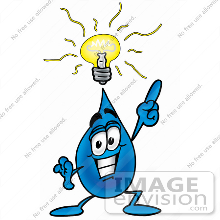 #26206 Clip Art Graphic of a Blue Waterdrop or Tear Character With a Bright Idea by toons4biz
