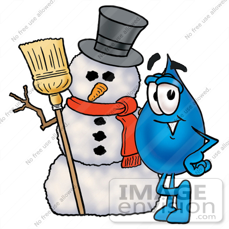 #26207 Clip Art Graphic of a Blue Waterdrop or Tear Character With a Snowman on Christmas by toons4biz