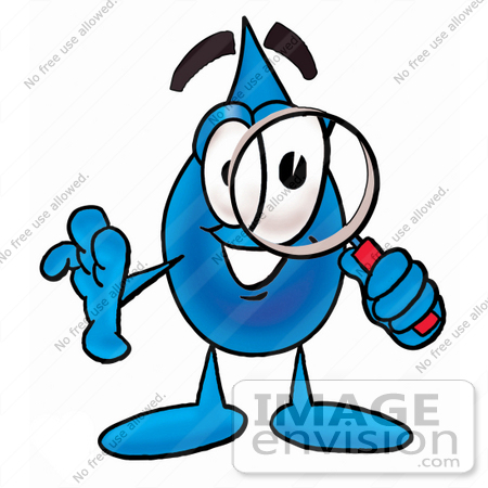 #26208 Clip Art Graphic of a Blue Waterdrop or Tear Character Looking Through a Magnifying Glass by toons4biz
