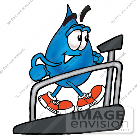 #26209 Clip Art Graphic of a Blue Waterdrop or Tear Character Walking on a Treadmill in a Fitness Gym by toons4biz