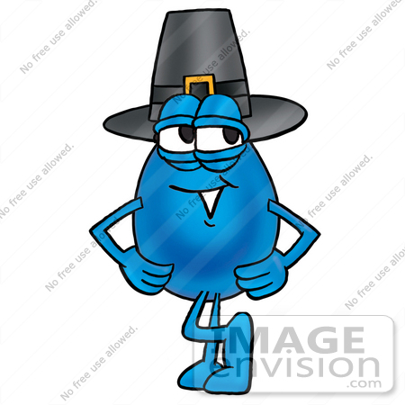 #26212 Clip Art Graphic of a Blue Waterdrop or Tear Character Wearing a Pilgrim Hat on Thanksgiving by toons4biz