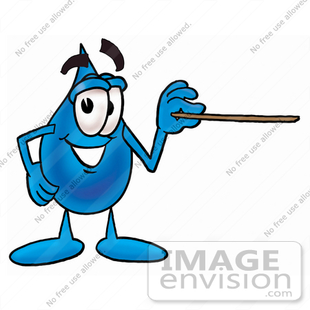 #26214 Clip Art Graphic of a Blue Waterdrop or Tear Character Holding a Pointer Stick by toons4biz