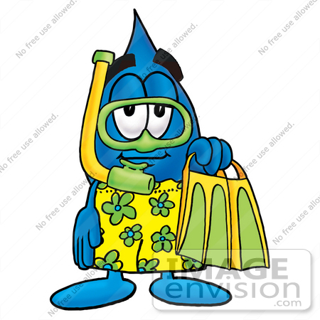 #26216 Clip Art Graphic of a Blue Waterdrop or Tear Character in Green and Yellow Snorkel Gear by toons4biz