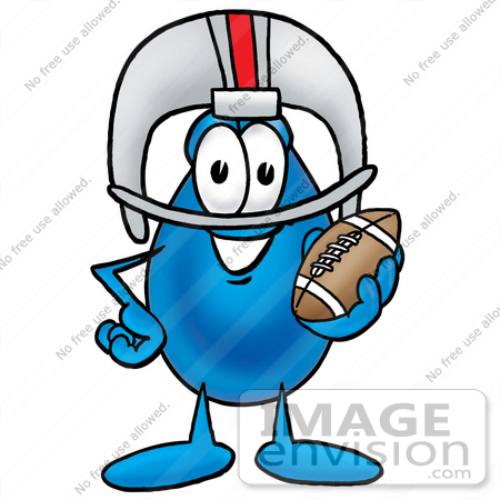 #26217 Clip Art Graphic of a Blue Waterdrop or Tear Character in a Helmet, Holding a Football by toons4biz
