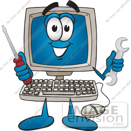 #26221 Clip Art Graphic of a Desktop Computer Cartoon Character Holding a Wrench and Screwdriver by toons4biz