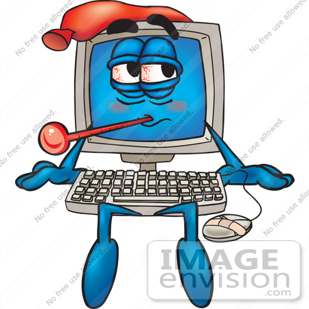 #26231 Clip Art Graphic of a Sick Desktop Computer Cartoon Character With a Virus, Sitting With a Pack on His Head and a Thermometer in His Mouth by toons4biz